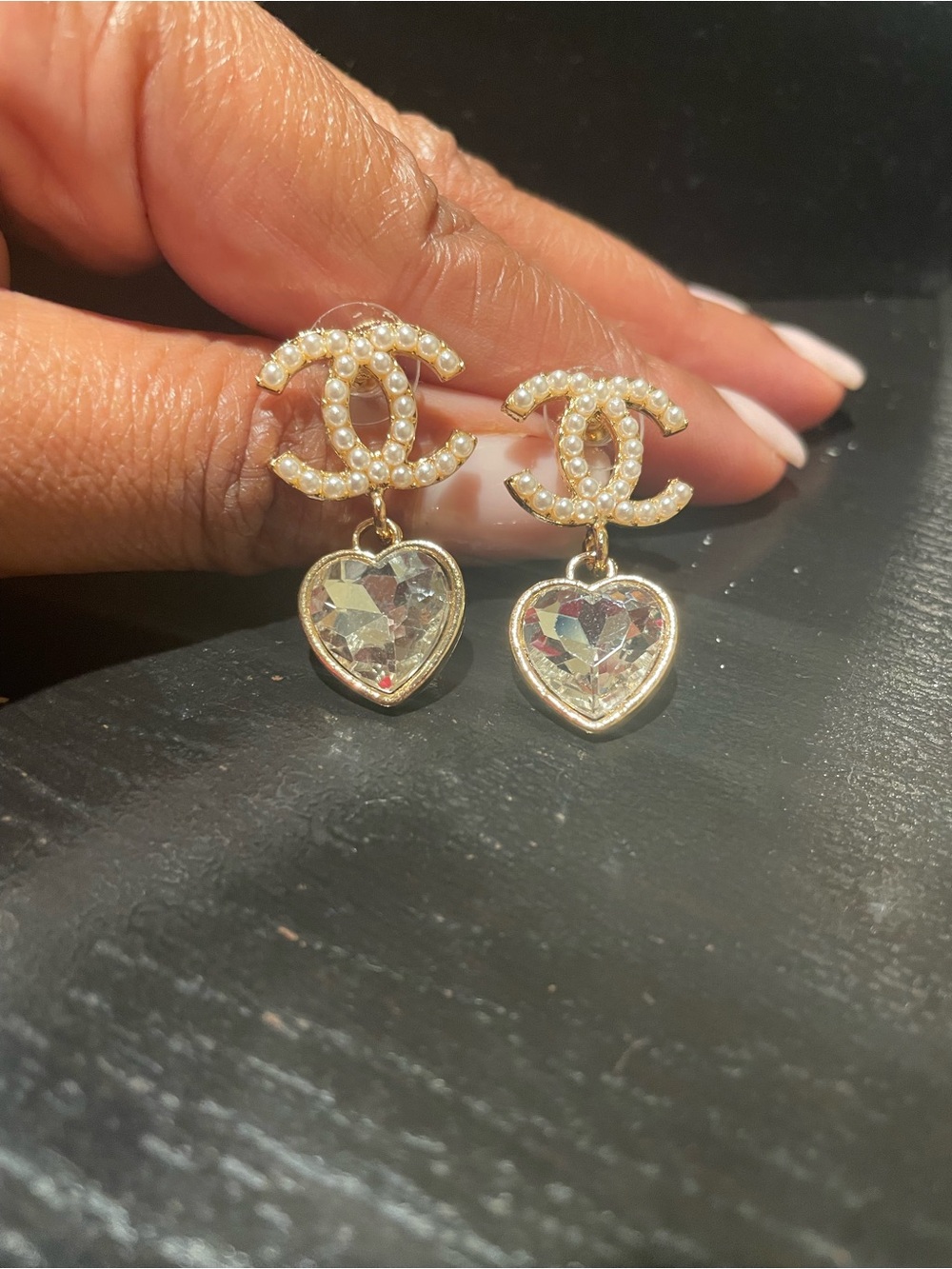 Gold Pearl CC Logo Heart Crystal Drop Earrings